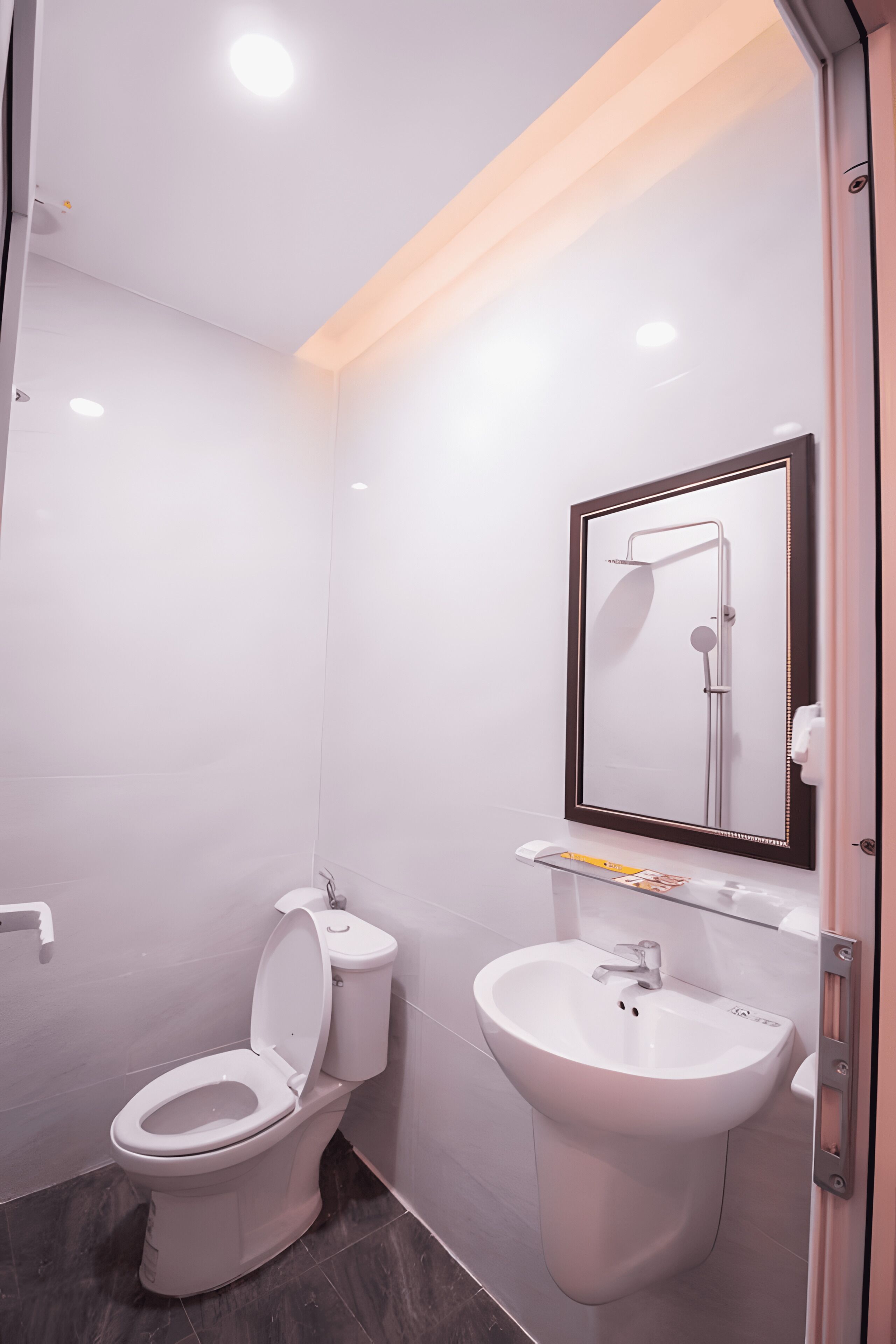 A modern bathroom with a toilet, sink, and mirror.