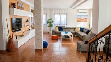 Smart TV, fireplace, DVD player, books