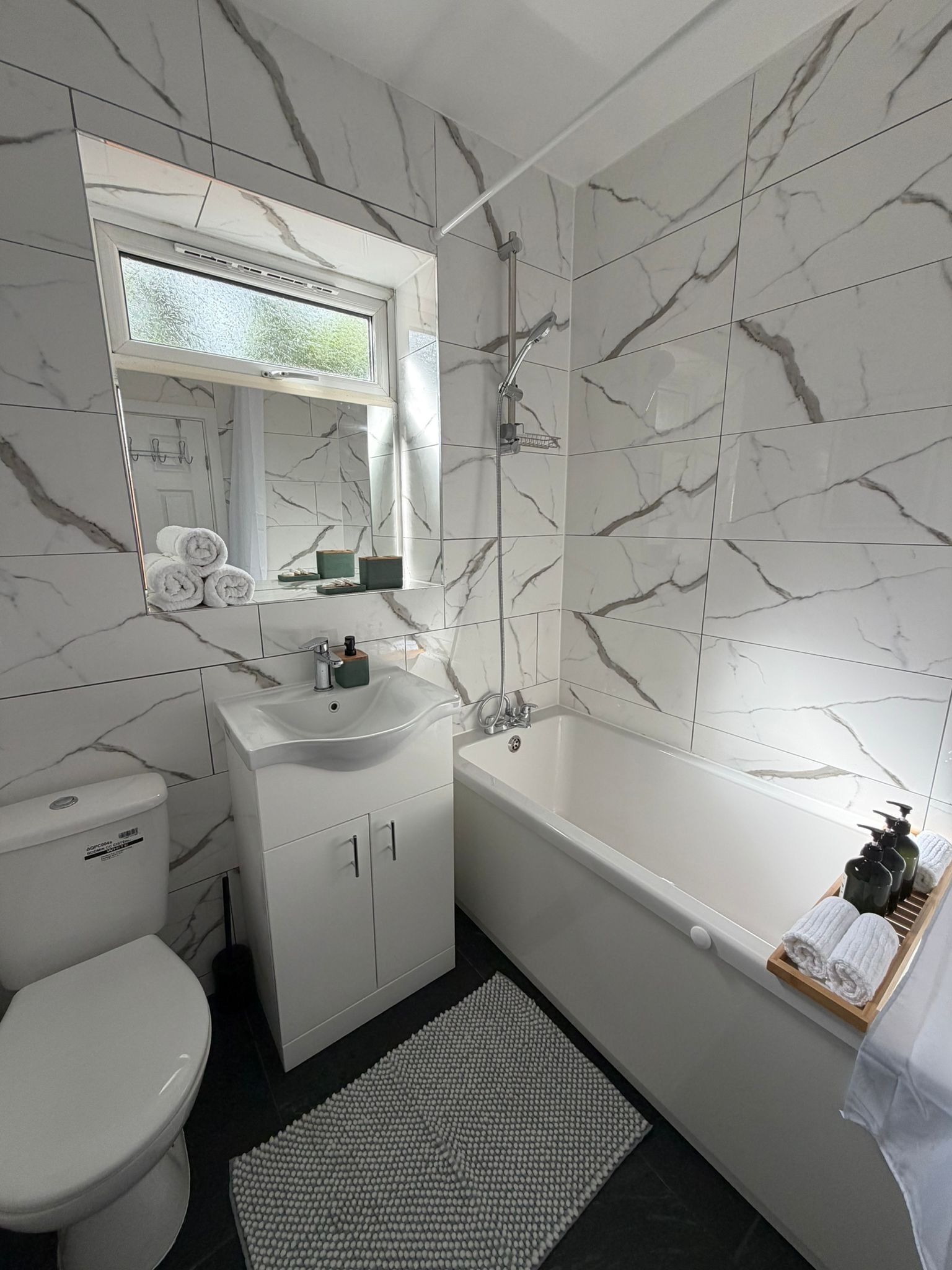 Hair dryer, towels, soap, toilet paper