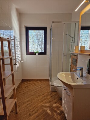 Shower, hair dryer, towels, soap