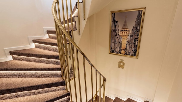 A staircase with a golden railing, carpeted steps, and a framed picture of a building on the wall. - Galata Sea Suites (İstanbul)