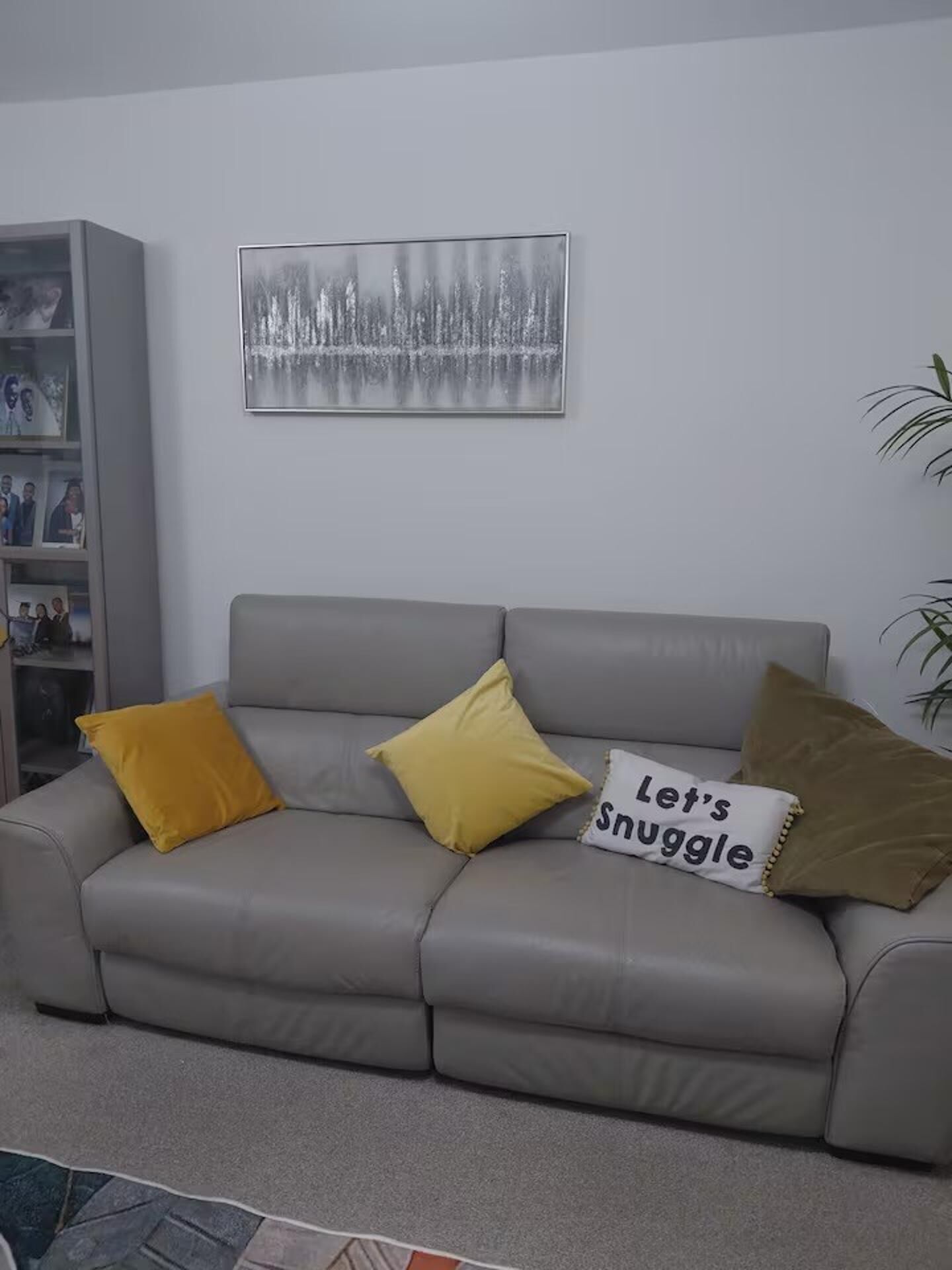 A grey sofa with three cushions, a framed picture on the wall, and a bookshelf with various items.