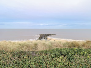 A coastal landscape with a rocky outcrop, sandy beach, and dense vegetation. - Caravan 117 (Great Yarmouth)
