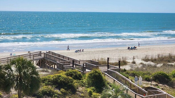A beach with a wooden boardwalk leading to the shore, palm trees, and a clear blue sky. - Cambridge 410 - Beautiful Condo in Litchfield by the Sea (Pawleys Island)