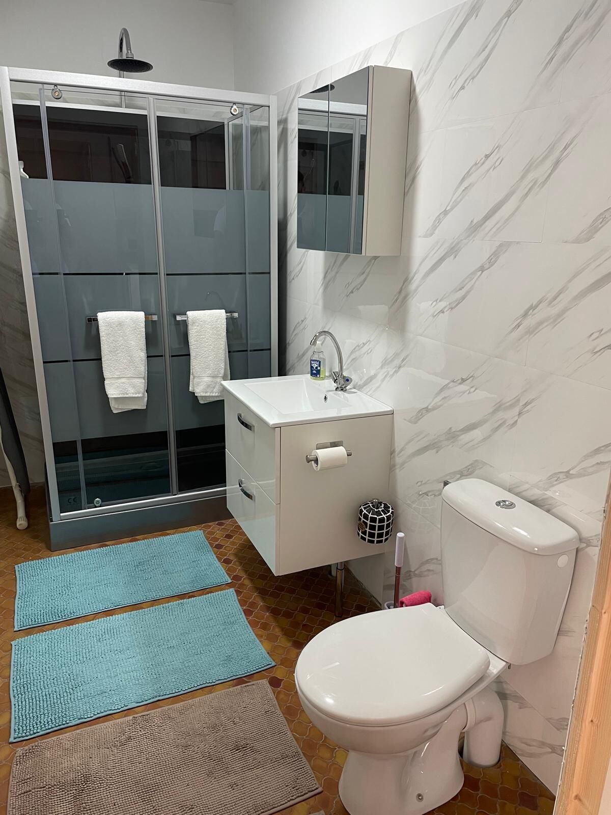 シャワー、ヘアドライヤー、タオル、トイレットペーパー