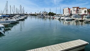 Uma marina com barcos atracados, um cais de madeira e edifícios ao fundo.