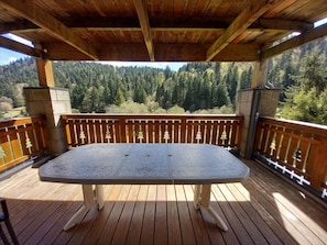 A covered wooden deck with a table and chairs, overlooking a forested valley.