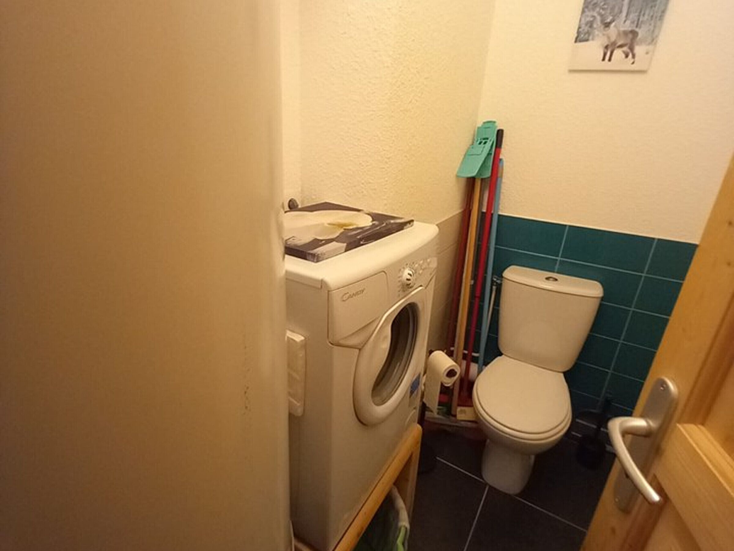 Une petite salle de bain équipée d’un lave-linge, de toilettes et d’une serpillière appuyée contre le mur.