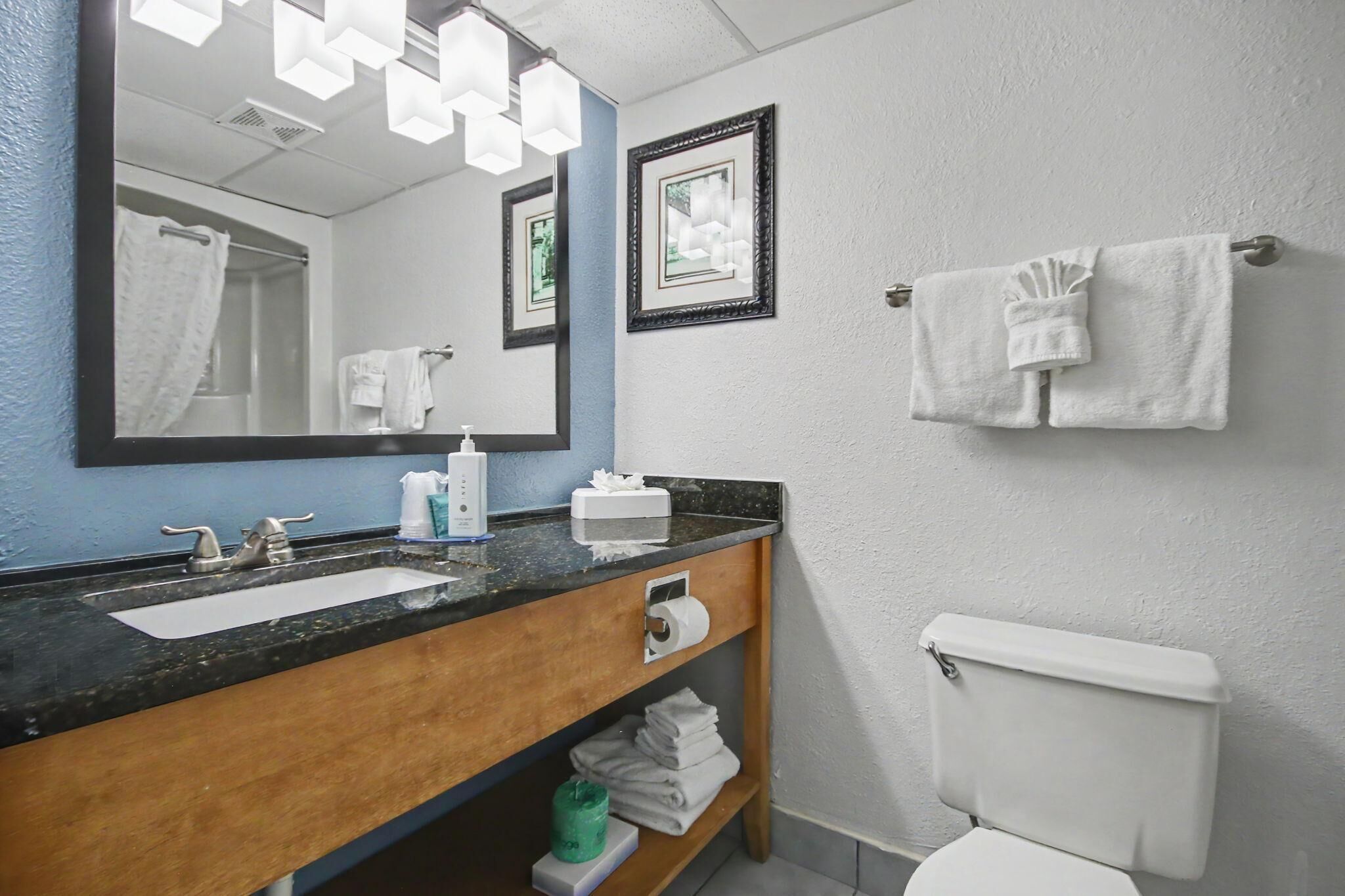Une salle de bain équipée d’un lavabo, d’un miroir, de toilettes et d’un porte-serviettes.
