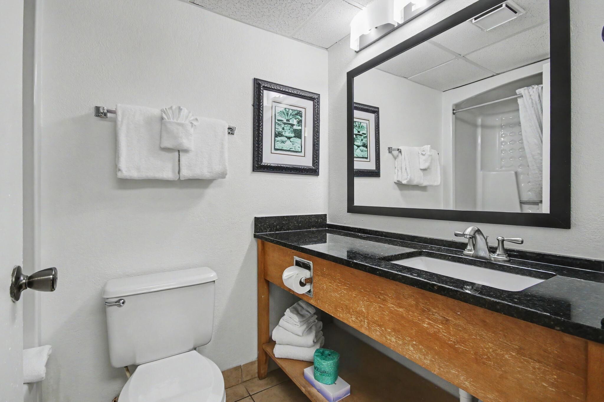 Une salle de bain avec des toilettes, un lavabo et un miroir. Des serviettes sont accrochées au mur, et une étagère contient des serviettes pliées et une bouteille verte.