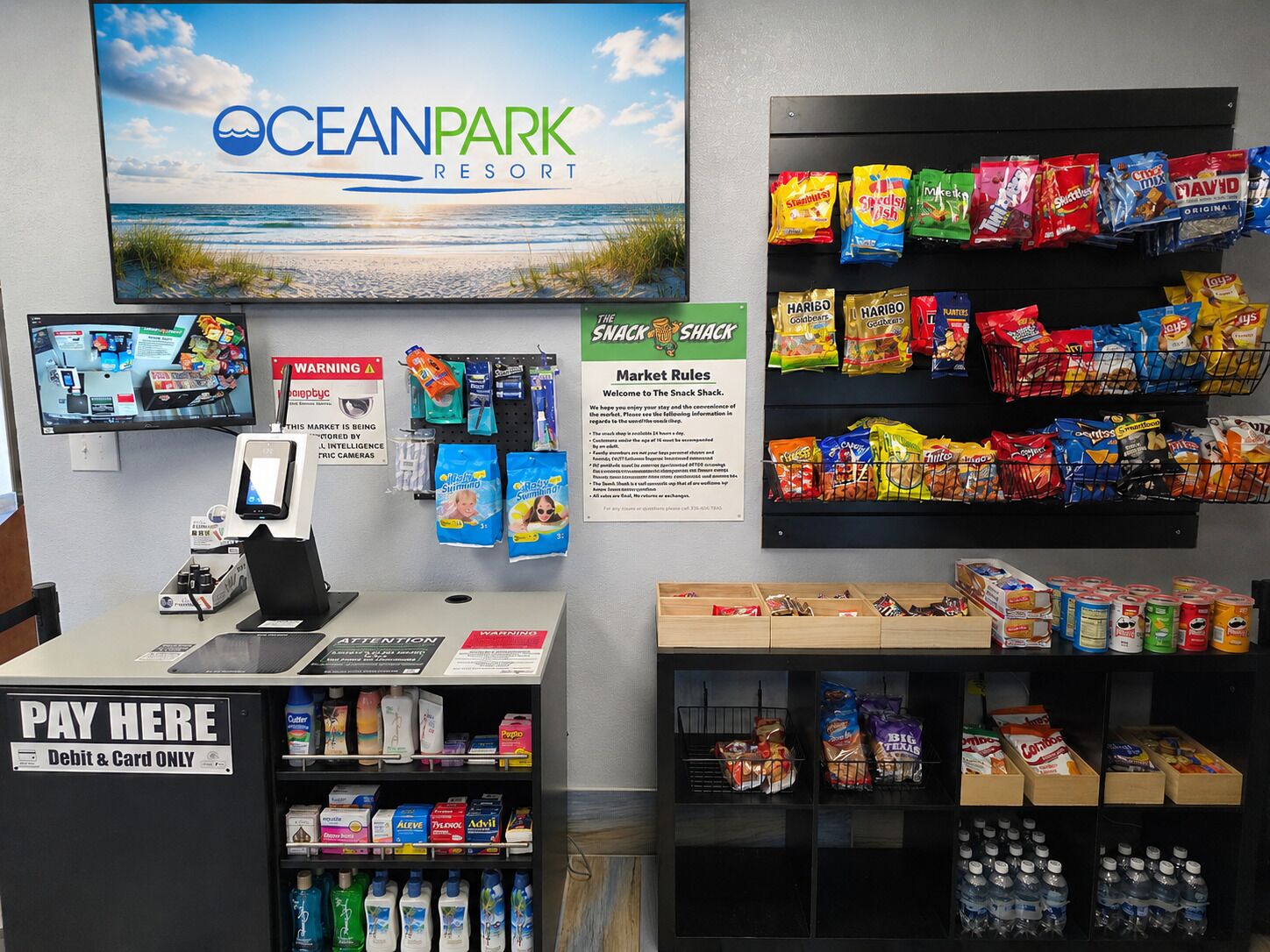 A snack kiosk at OceanPark Resort with a variety of snacks and beverages.