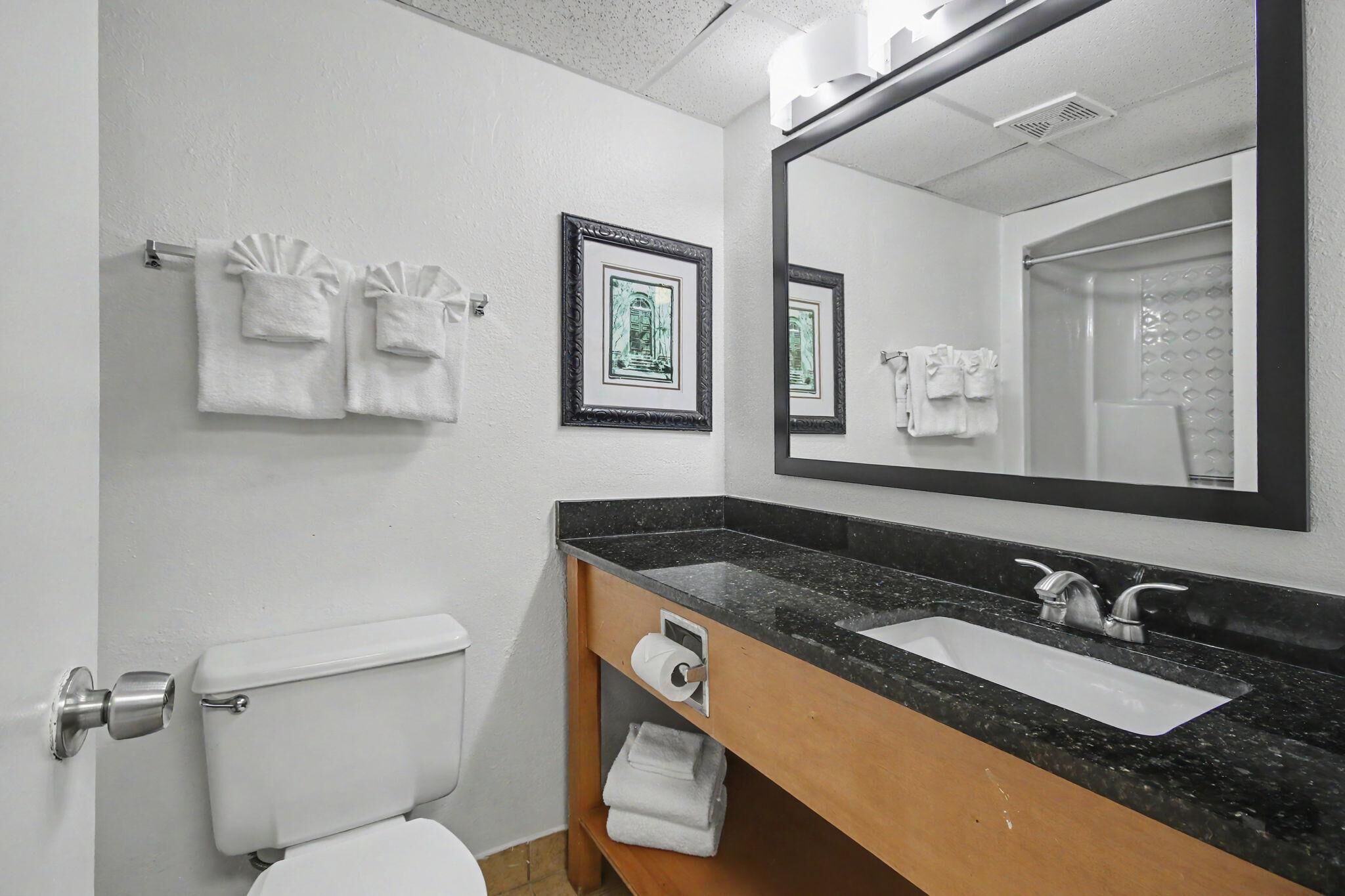 A bathroom with a toilet, sink, mirror, and towels.