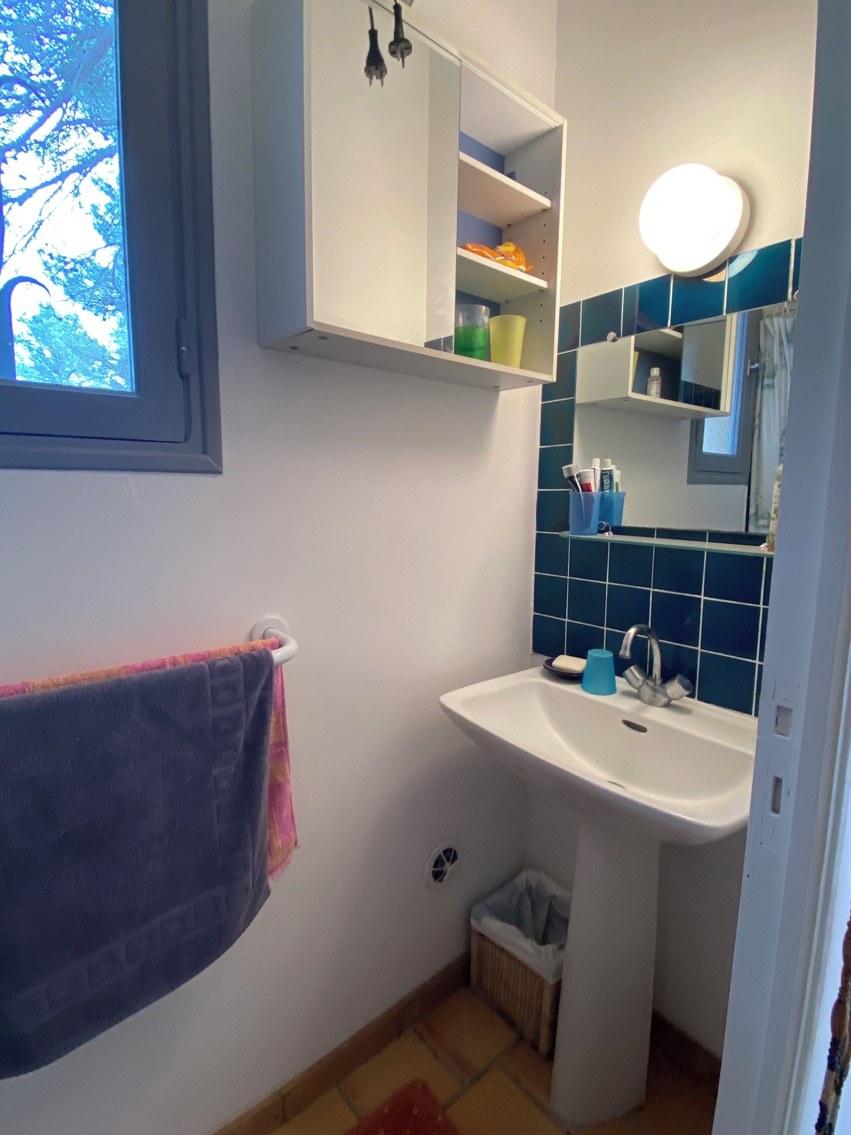 Une salle de bain équipée d’un lavabo, d’un miroir et d’un porte-serviettes.