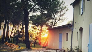 A rustic building with a gravel driveway, a wooden bench, and potted plants. - La Grande Bastide (Grambois)