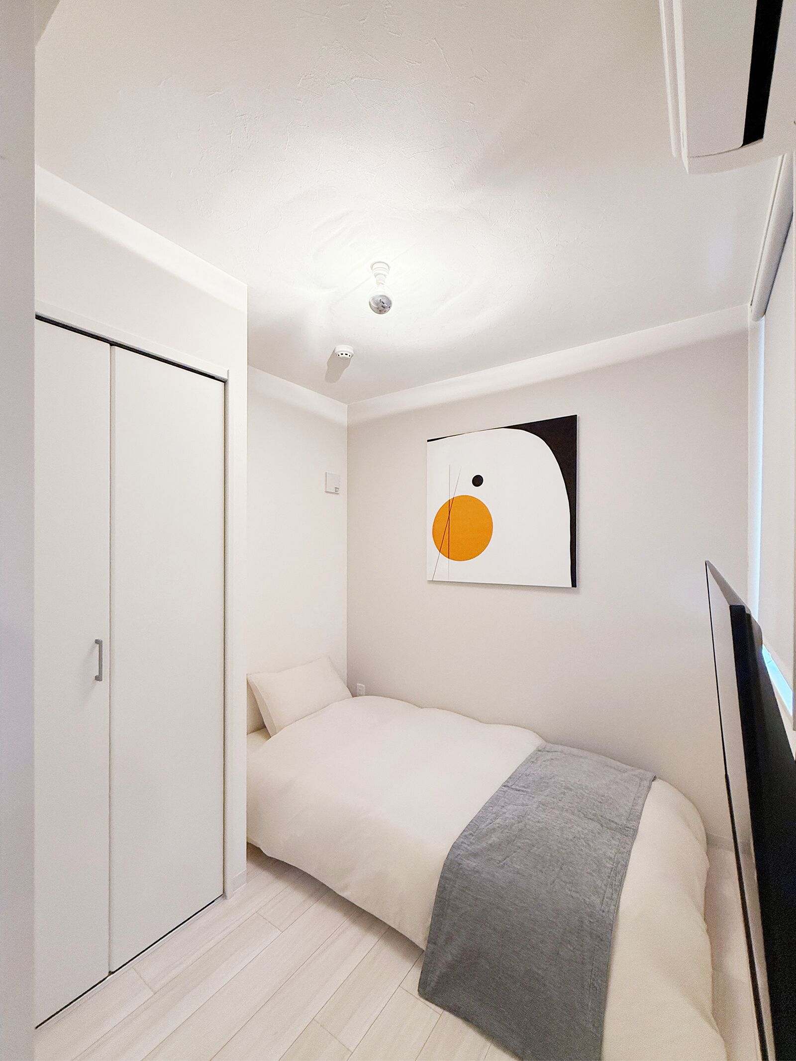 A bedroom with a bed, a wardrobe, a ceiling light, and a wall-mounted artwork.