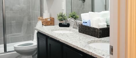 Shower, hair dryer, towels, soap