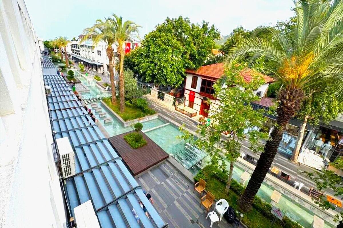 A hotel with a rooftop pool, palm trees, and a street view.