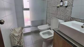 Shower, hair dryer, bidet, towels