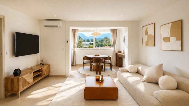 A modern living room with a flat-screen TV, a wooden console, a round dining table, and a sofa. - T2 Marina di Fiori - Mountain view for 2 people (Porto-Vecchio)