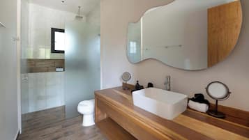 Shower, hair dryer, towels, shampoo