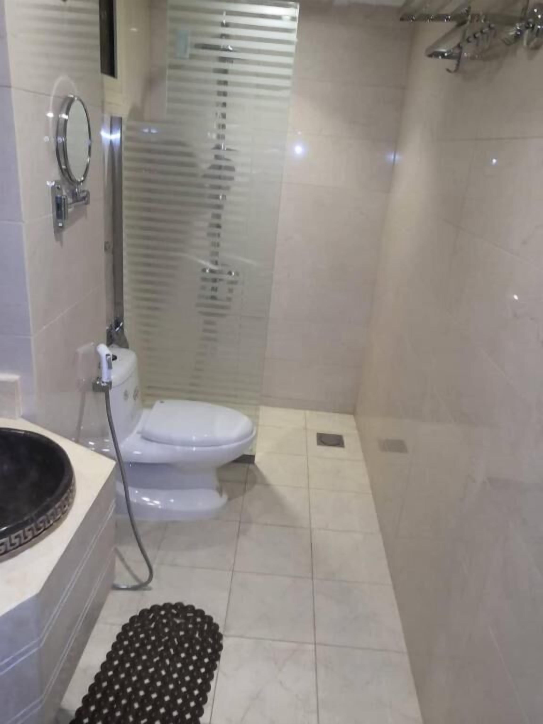 Un baño con inodoro, bidé y zona de ducha.