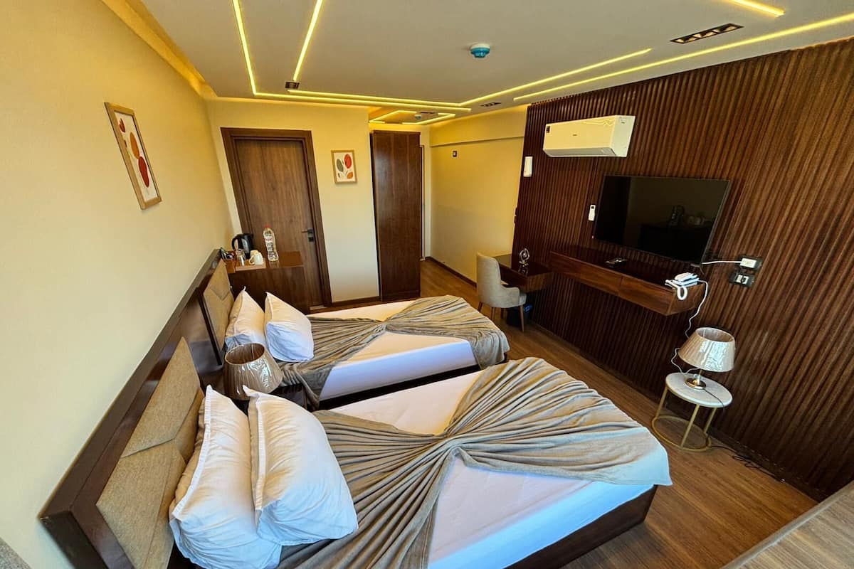 Habitación de hotel con dos camas, televisor, escritorio y una silla.