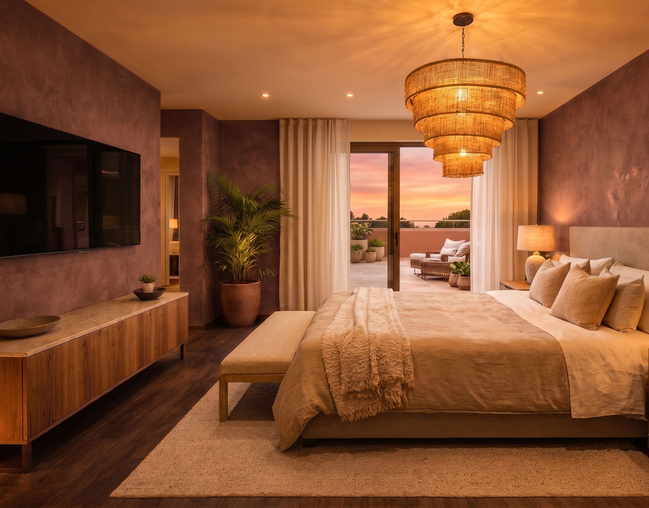 A bedroom with a large bed, a television, a potted plant, and a view of the outdoors.