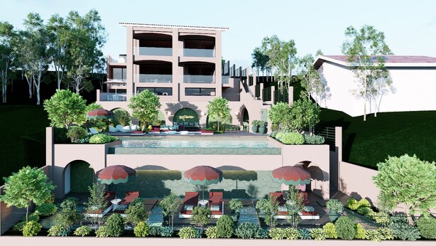 A modern hotel with a pool, outdoor seating, and lush landscaping. - Villa Verdejo Luxury 2-Bedroom, 2-Bathroom Apartment with Pool & Spa (Olivella)