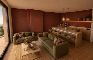 Ein modernes Wohnzimmer mit einer Sofagarnitur, einem Couchtisch mit Dekoration und einer Küchenzeile mit Barhocker.