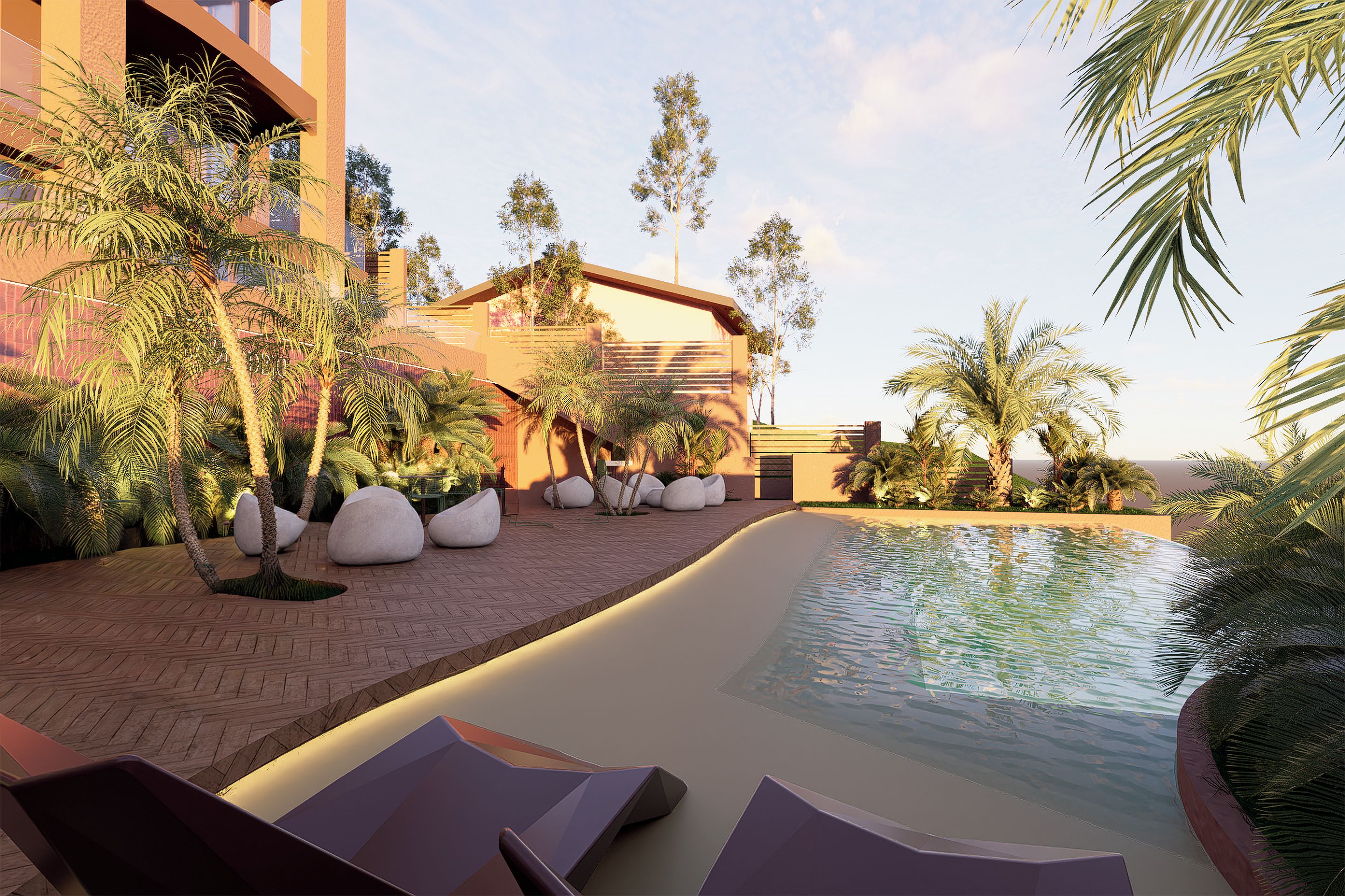 A pool area with lounge chairs, palm trees, and a building with a modern design.