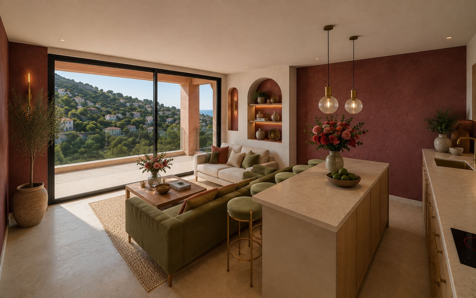 A modern living room with a sofa, coffee table, and a view of a hillside.