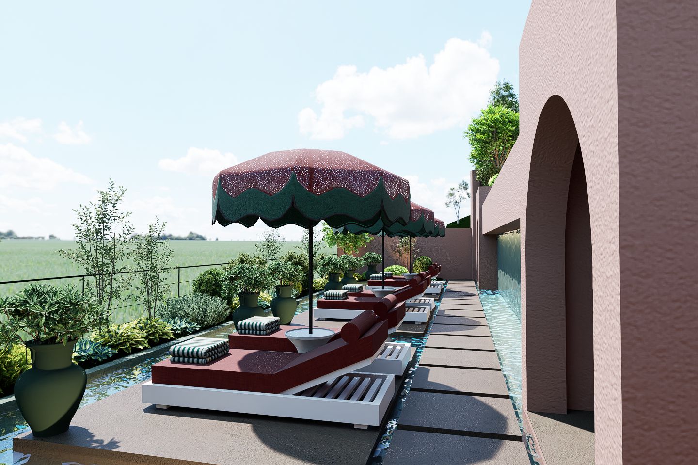 Un espace aménagé au bord de la piscine, avec des chaises longues, des parasols et des plantes en pot.