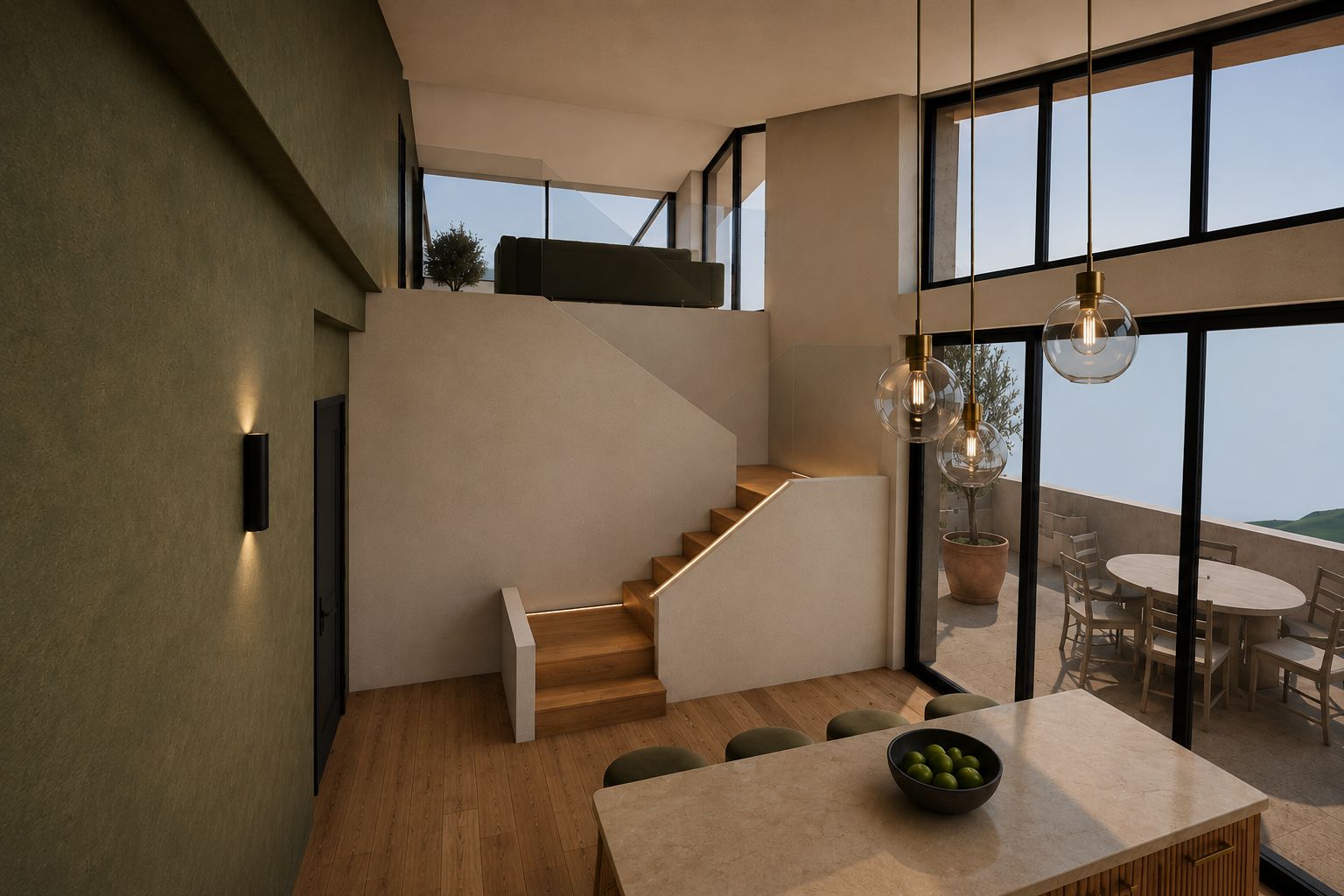 A modern interior with a staircase leading to a balcony, a dining area with a table and chairs, and a large window offering a view.