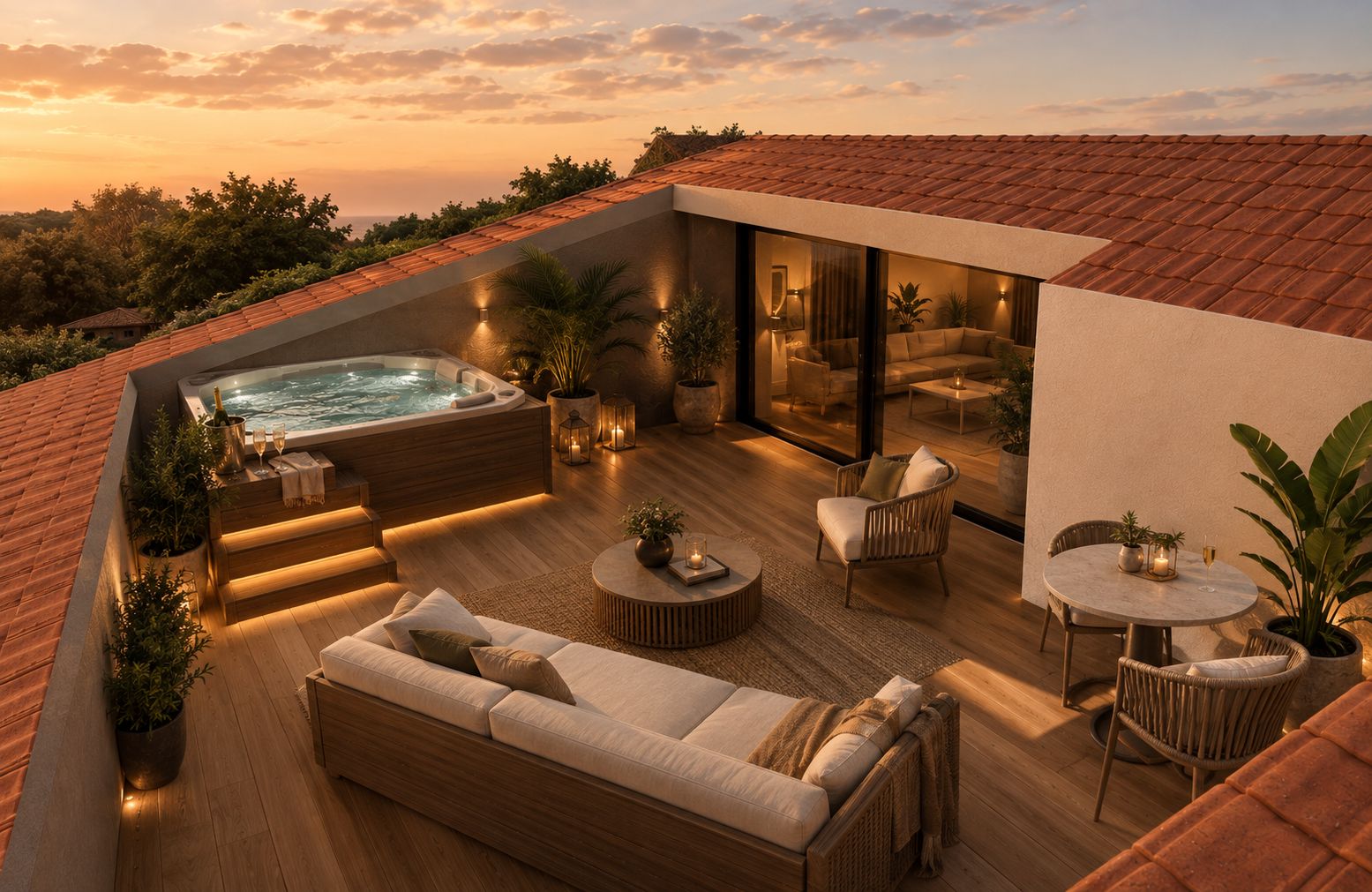 A rooftop terrace with a hot tub, seating area, and a view of the landscape.