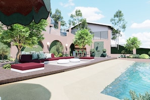 A modern outdoor pool area with a seating area, a pool, and a building with a unique architectural design. - Villa Verdejo Sitges · Luxury 8-Bedroom, 9-Bathroom Villa with Pool & Spa (Olivella)