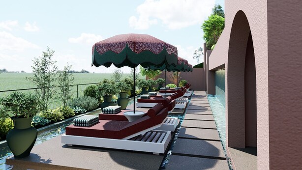 Uma área na piscina com espreguiçadeiras, guarda-sóis e plantas em vasos.