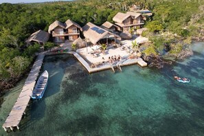 A resort with thatched-roof buildings, a dock, and clear turquoise water.