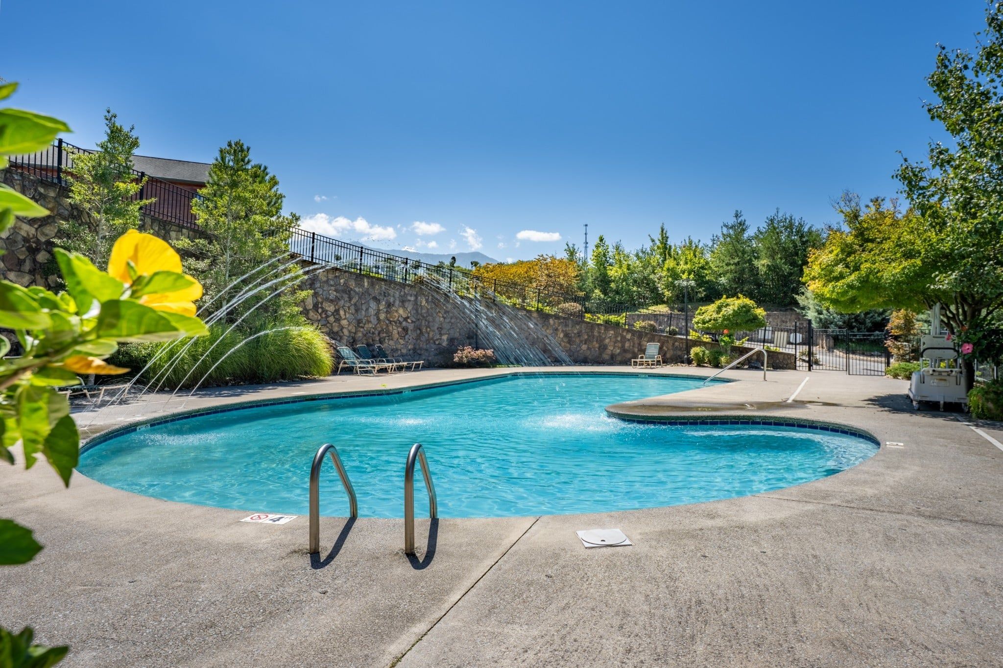 A swimming pool with a stone wall, a metal ladder, and a no diving sign.