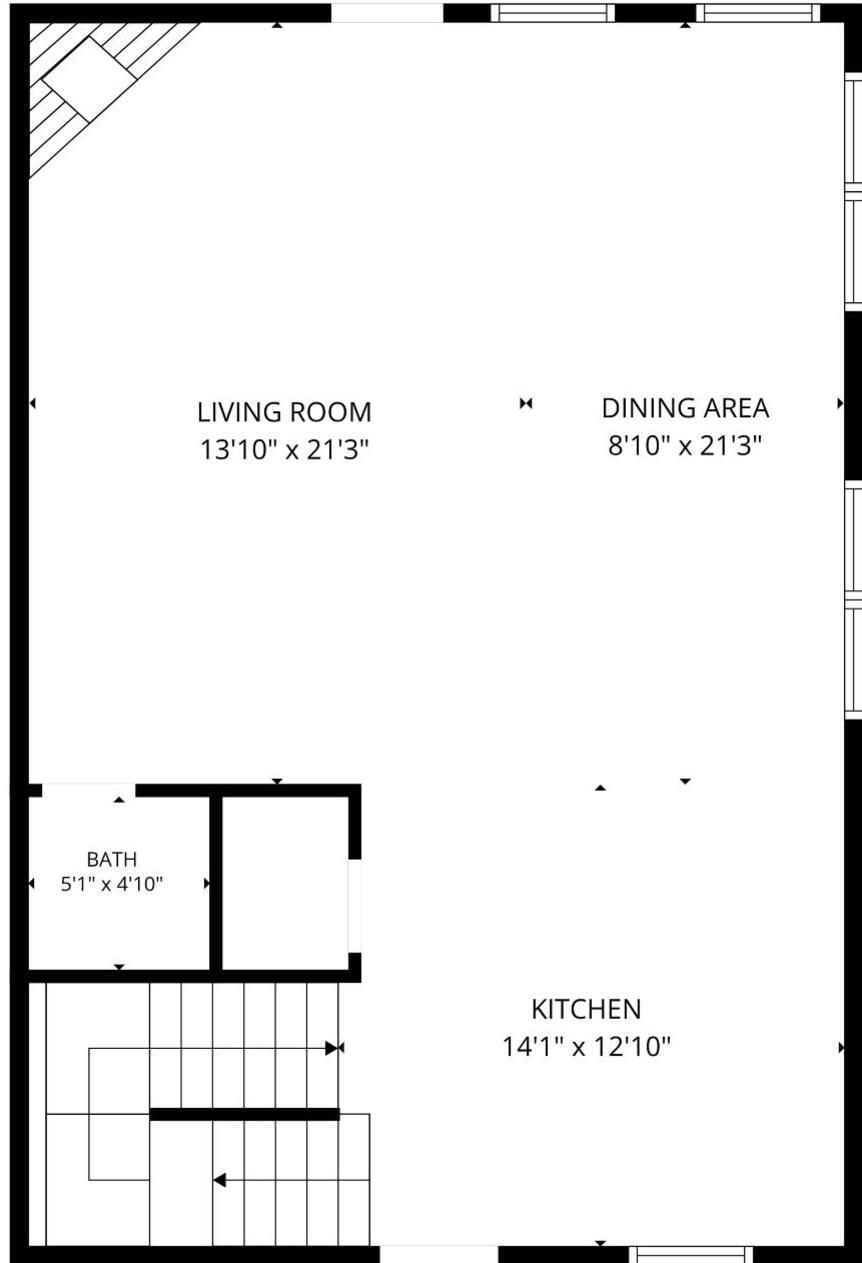 Plano de planta que muestra una sala de estar de 4.2 metros por 6.6 metros, un comedor de 2.7 metros por 6.6 metros, una cocina de 4.3 metros por 3.9 metros y un baño de 1.5 metros por 1.4 metros.