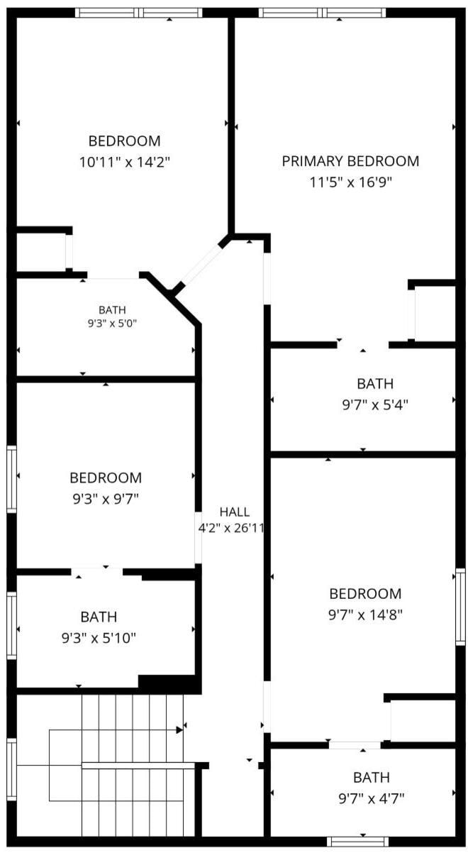 A floor plan with multiple bedrooms, two bathrooms, and a hall.