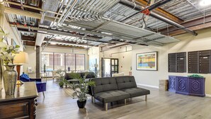 A spacious living area with a sofa, a coffee table, and a potted plant. - Explore the City! Walkable Lawrenceville Condo (Pittsburgh)