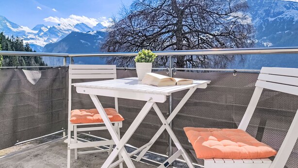 Ein Balkon mit Tisch und Stühlen, einem Blumentopf und Blick auf schneebedeckte Berge.