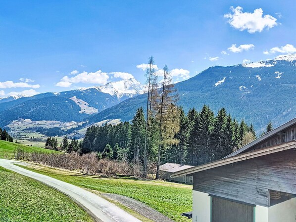 A rural landscape with a road, a small building, and snow-capped mountains in the background.