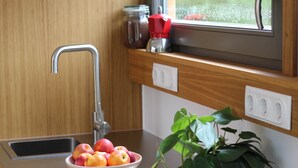 Uma cozinha com uma tigela de frutas, uma pia, uma janela e uma planta.