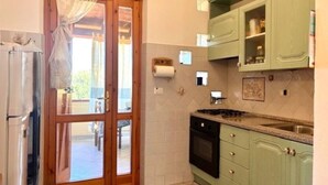 A kitchen with a refrigerator, stove, and green cabinets. - Beautiful private villa for 5 people with WIFI, A/C, TV, terrace and panoramic view (Villasimius)