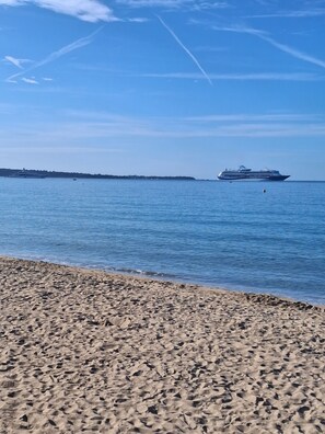 Ein Strand mit einem Kreuzfahrtschiff in der Ferne.
