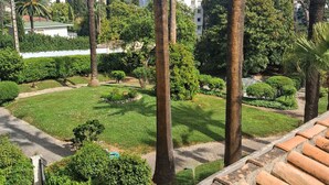 A garden with palm trees and a pathway. - Spacious, air-conditioned apartment in a lush, green setting, ideal for families. (Cannes)