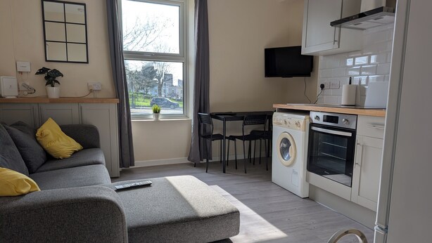 A modern living room with a grey sofa, a washing machine, and a TV. - Claremont - Modern Apartment 3 Double Beds Free Parking Great Location (Bristol)