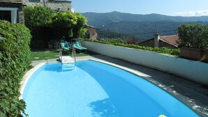 Una piscina con due scivoli, circondata dal verde e con vista sulle montagne.
