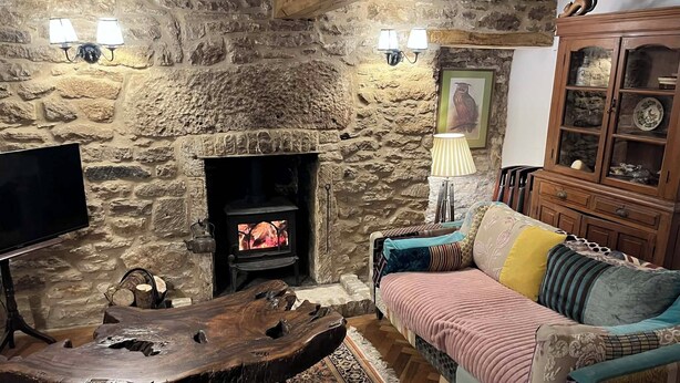Una habitación con paredes de piedra, chimenea, televisor, mesa de madera, sofá y un aparador con puertas de cristal.